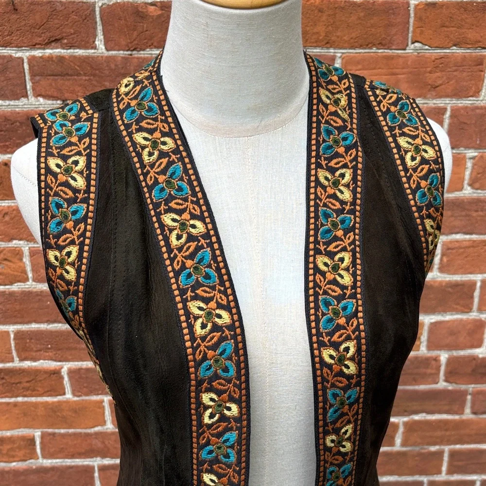 Vintage Black Leather Vest with Embroidered Trim - Picture 2 of 13